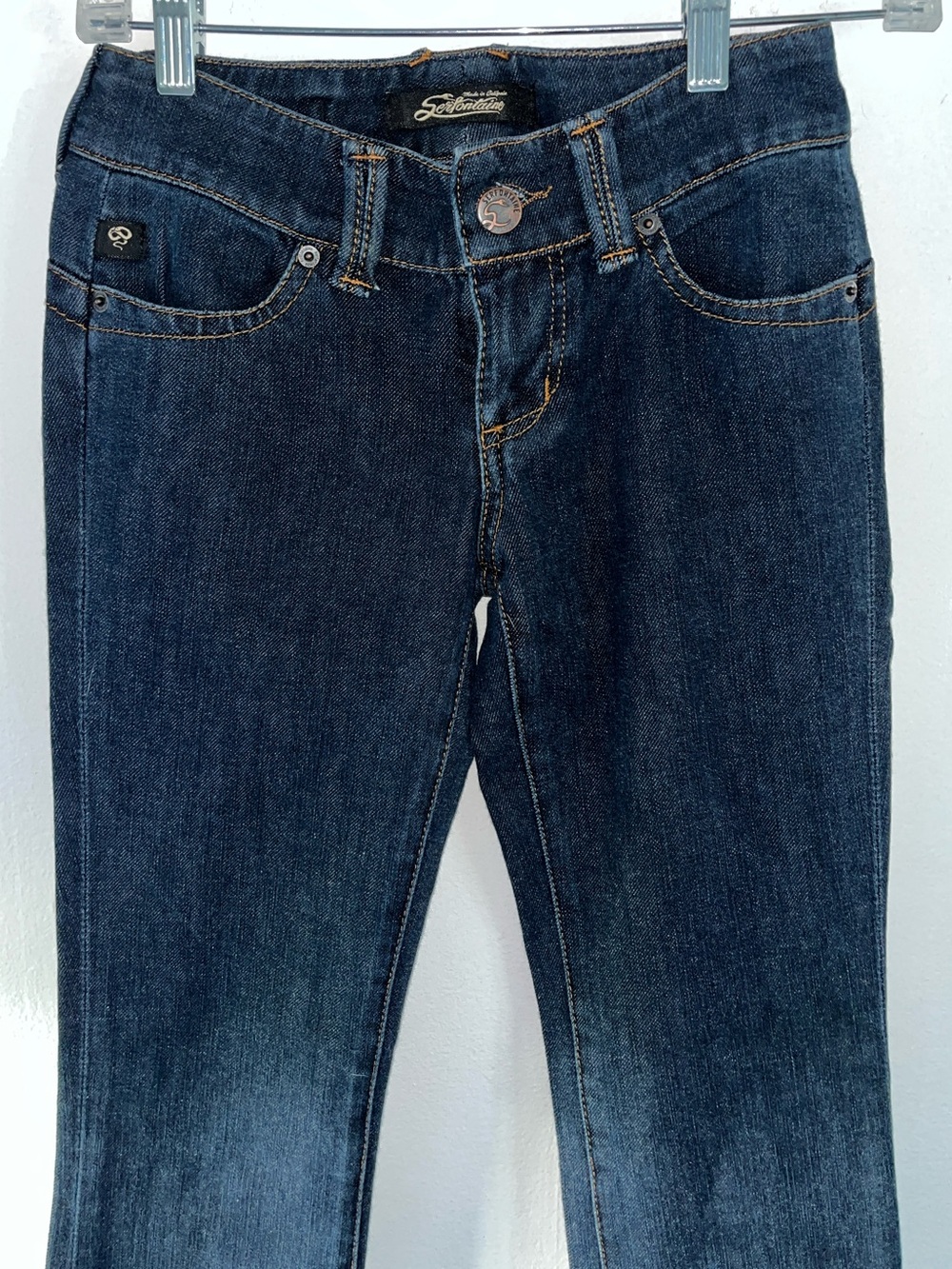 Serfontaine Women's Low Rise Boot Cut Jeans in Dark Blue Denim